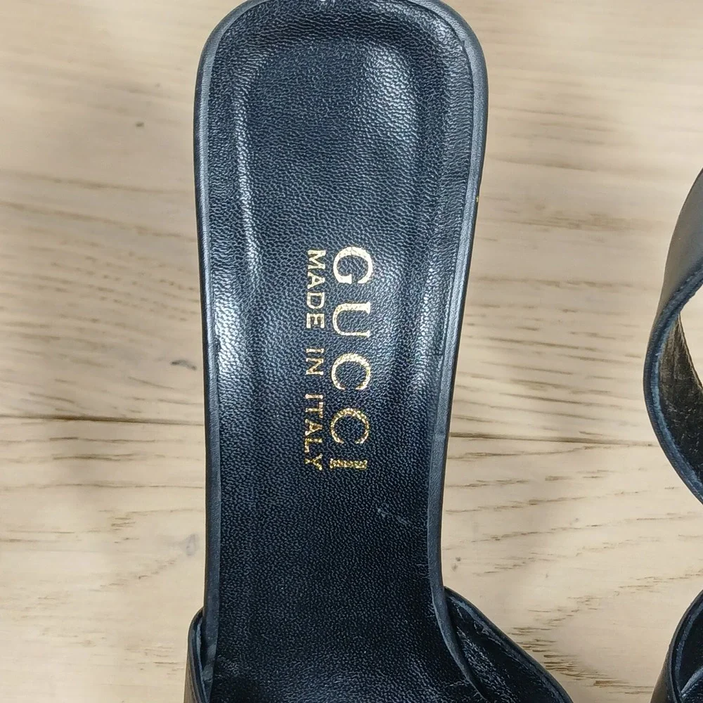 Gucci Heels Women 6B Black Leather Ankle Strap Pointed Toe Stiletto Dress Shoes